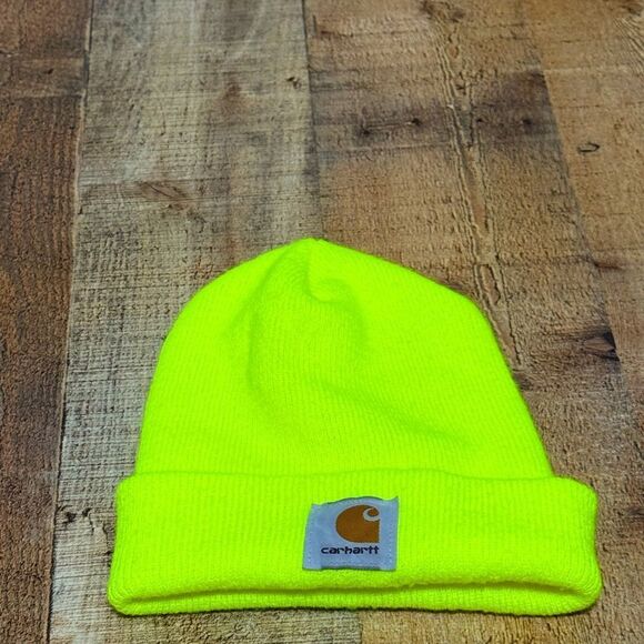 Carhartt Beanie Snow Cap Mens OSFA Neon Yellow Skull Knit Logo Workwear Winter - Picture 1 of 4